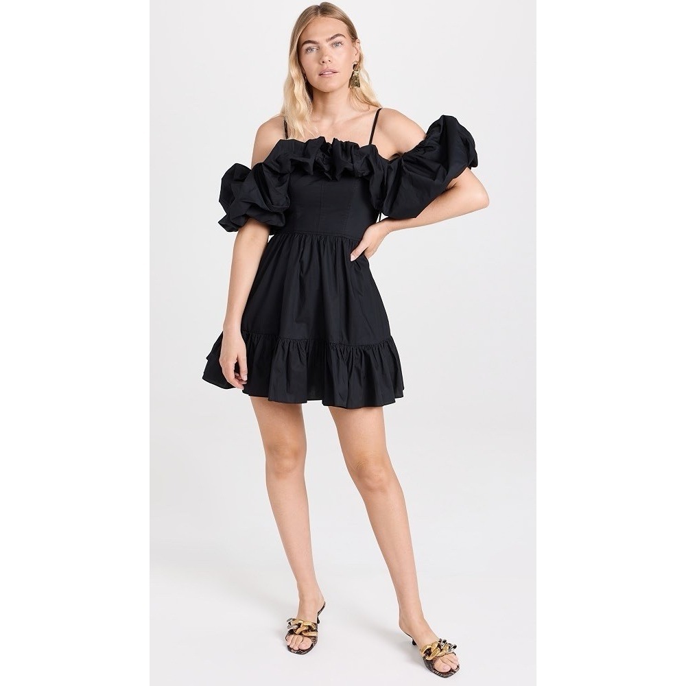 Ulla Johnson Lila Dress 0 Black Noir Puff Sleeve Ruffle Mini Off Shoulder NWT